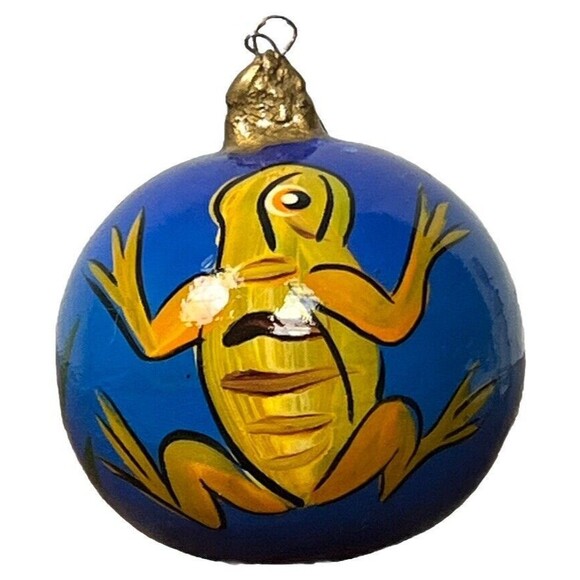 Christmas Ornament Ball Mexican Folk‎ Art Pottery Hand Painted Artisan Frog Lily - Picture 1 of 6